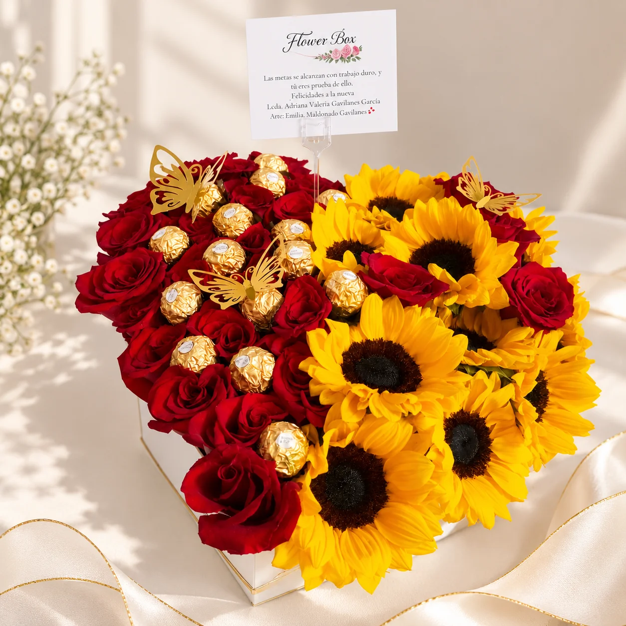 Box corazón con rosas rojas, girasoles y chocolates Ferrero Rocher